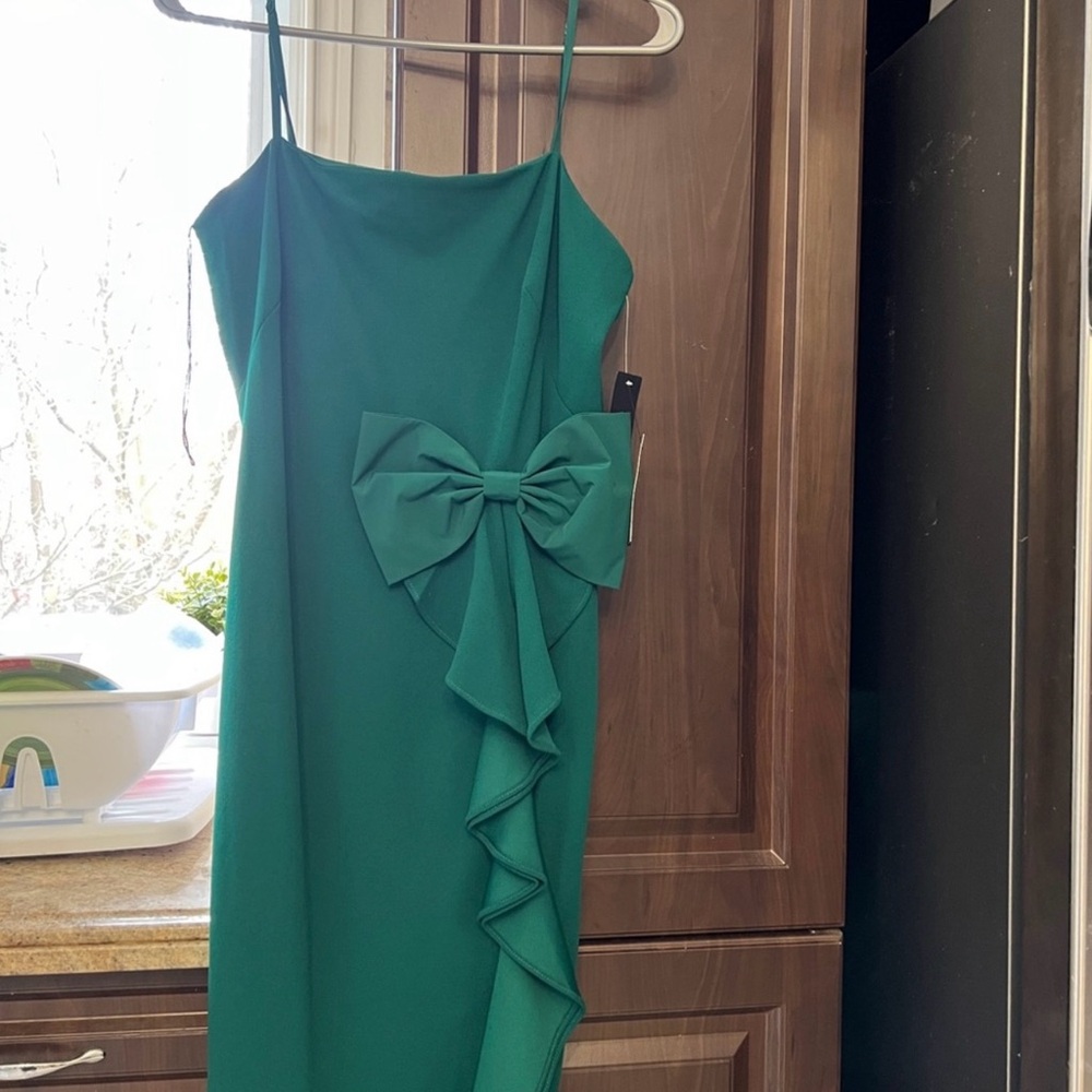 Adrianna Papell Asymmetrical Green Dress with Bow